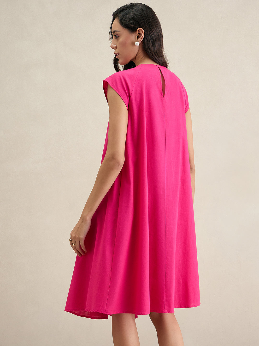 Hot Pink Cotton Pleated A-Line Dress