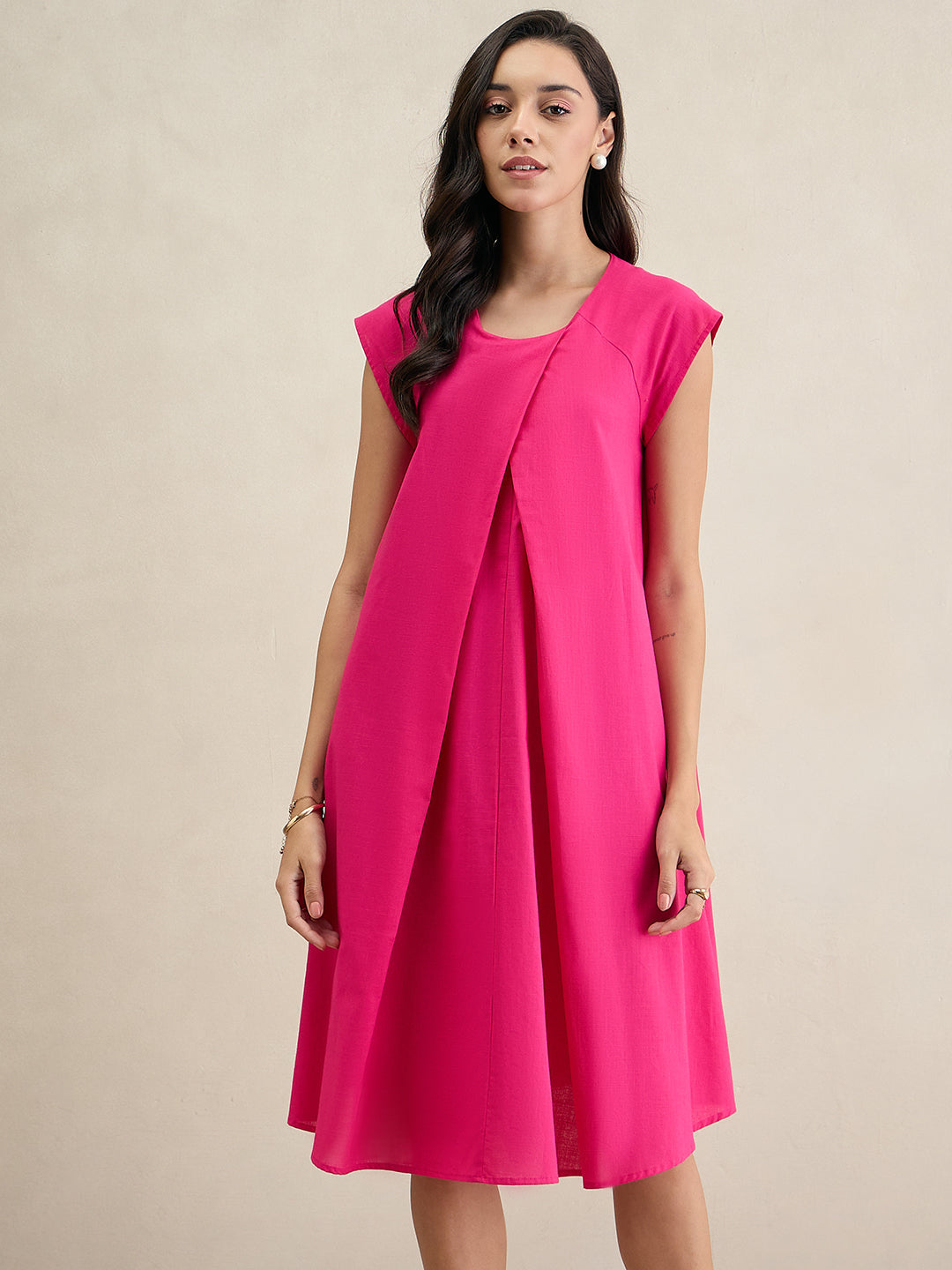 Hot Pink Cotton Pleated A-Line Dress