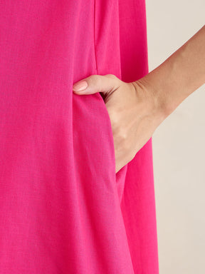 Hot Pink Cotton Pleated A-Line Dress