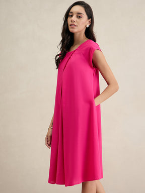 Hot Pink Cotton Pleated A-Line Dress