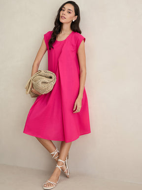 Hot Pink Cotton Pleated A-Line Dress