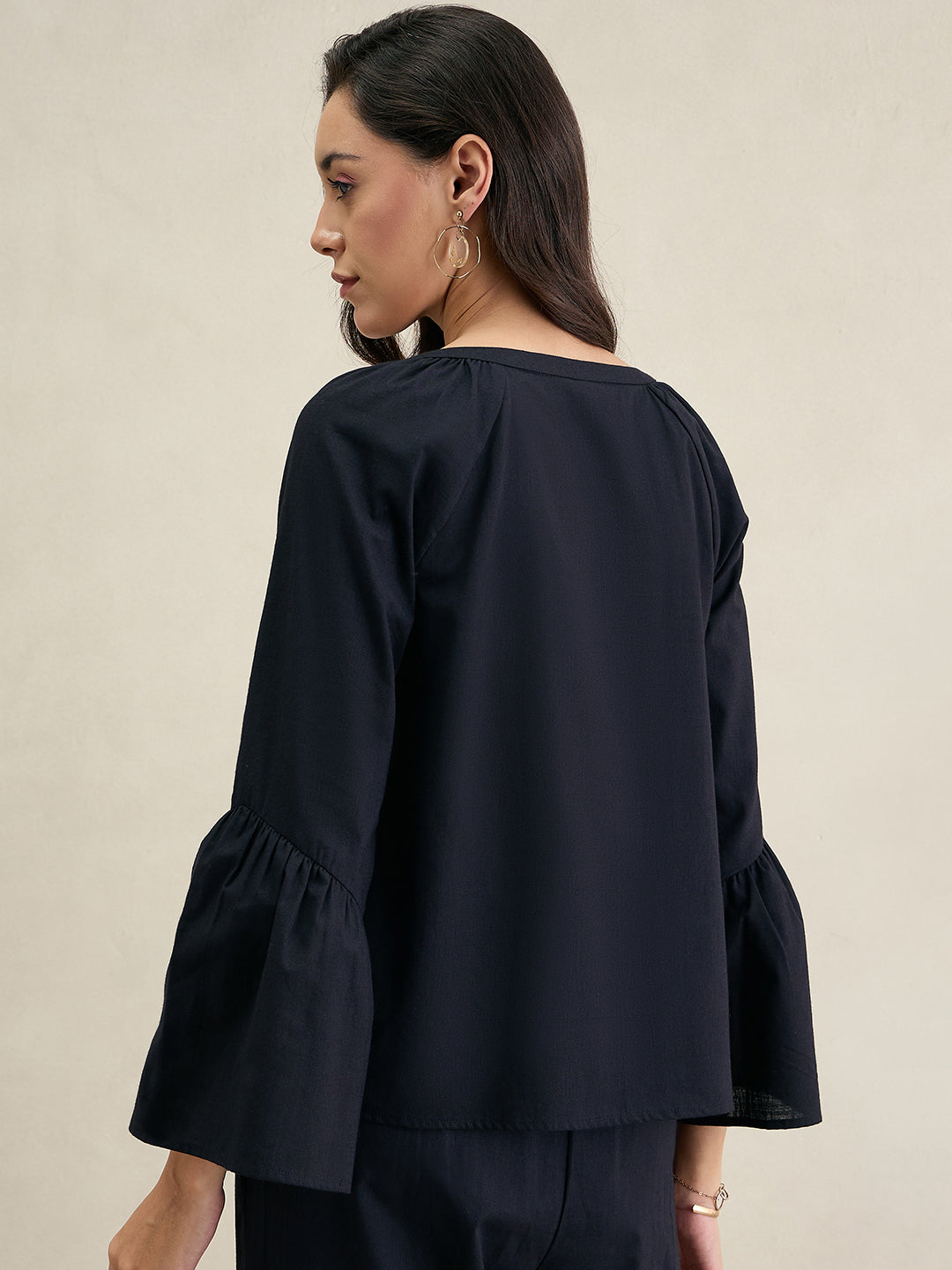 Black Cotton Bell Sleeves Top