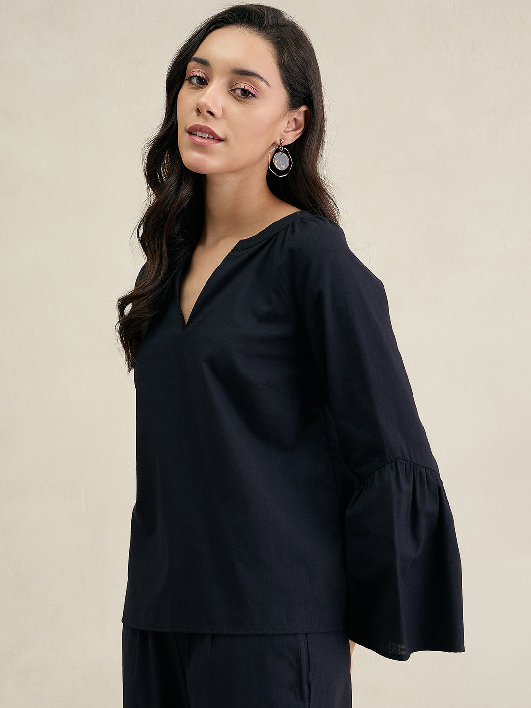 Black Cotton Bell Sleeves Top