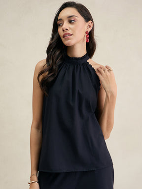 Black Cotton Halter Neck Top