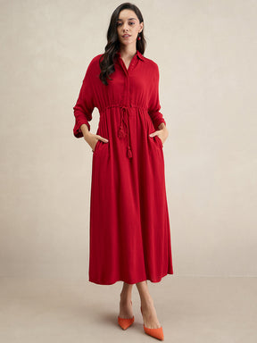 Cranberry Crinkled Shirt Maxi Dress