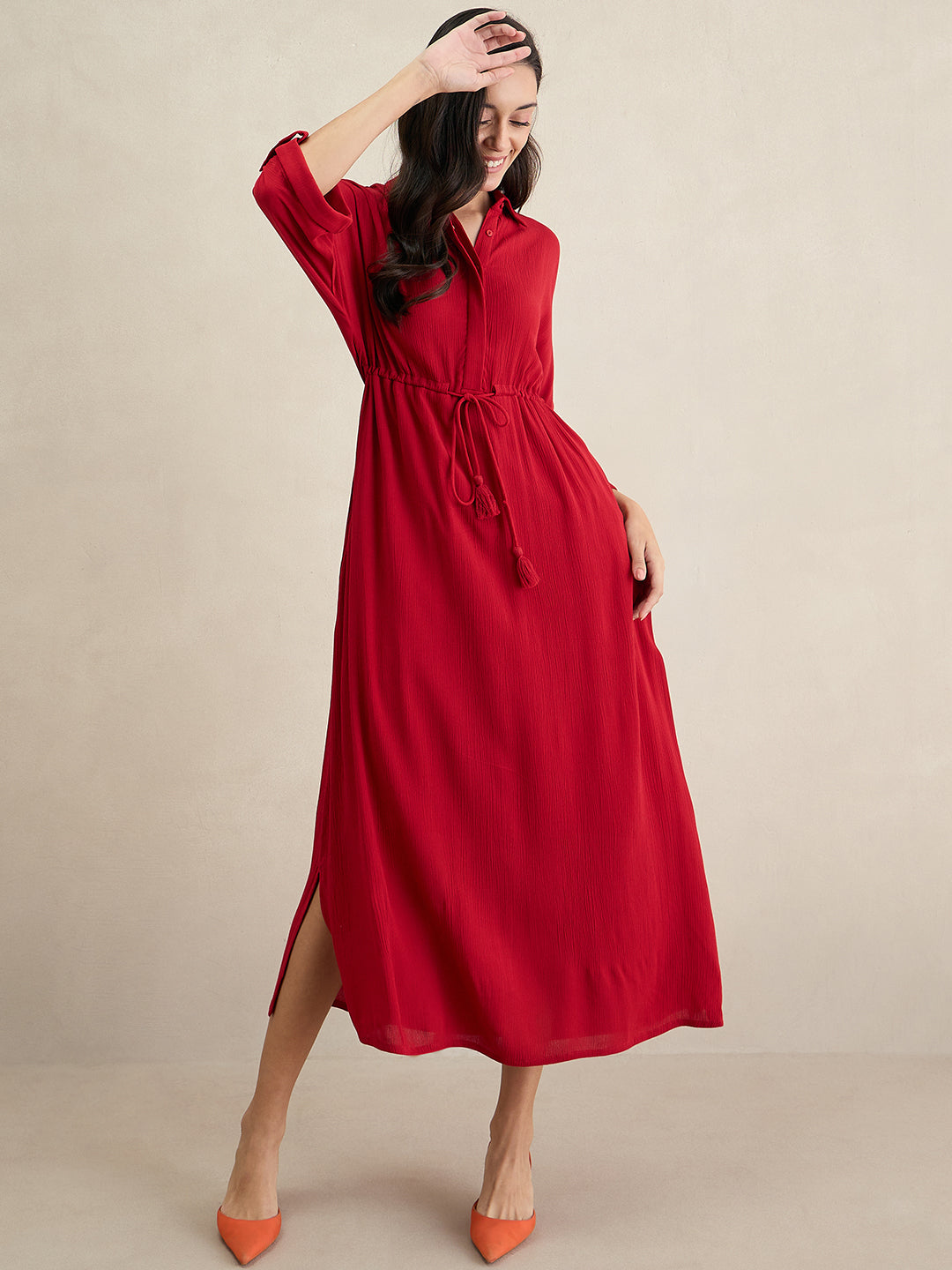 Cranberry Crinkled Shirt Maxi Dress