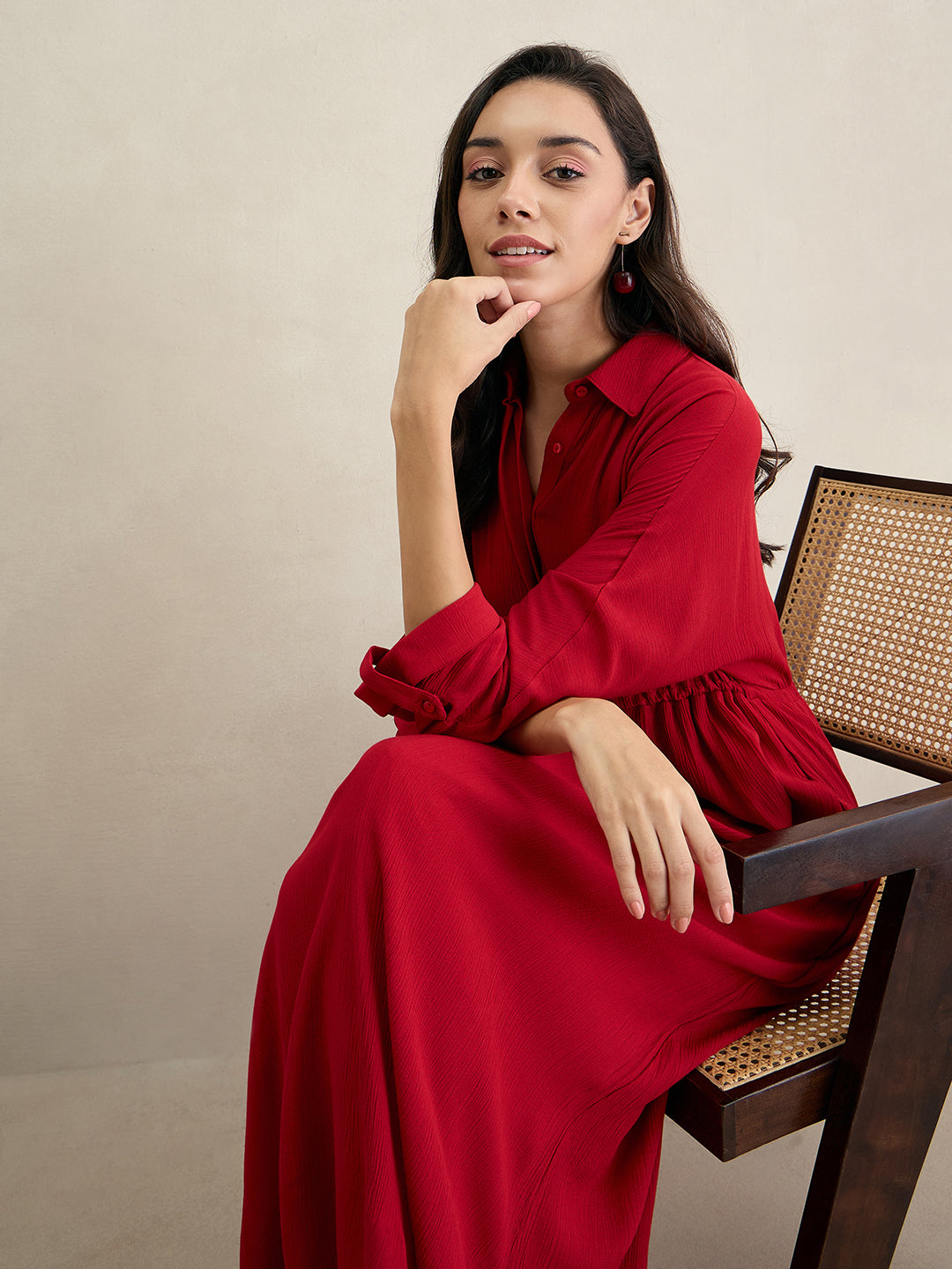 Cranberry Crinkled Shirt Maxi Dress