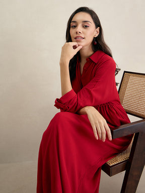 Cranberry Crinkled Shirt Maxi Dress