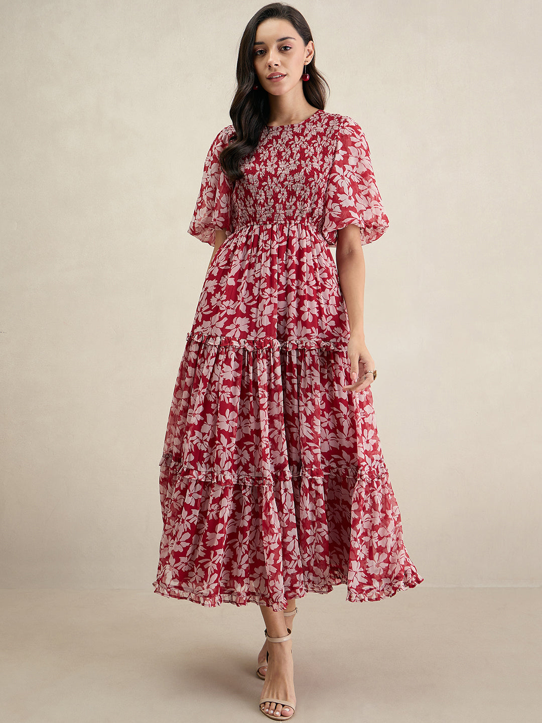 Red Floral Print Smocked Maxi Dress