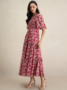 Red Floral Print Smocked Maxi Dress