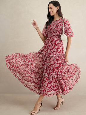 Red Floral Print Smocked Maxi Dress