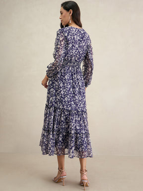 Purple Floral Print Ruflle Detailed Maxi Dress