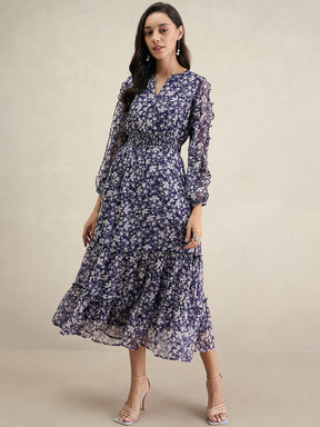 Purple Floral Print Ruflle Detailed Maxi Dress