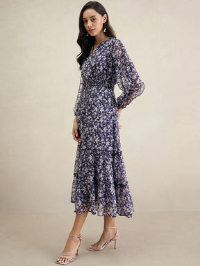 Purple Floral Print Ruflle Detailed Maxi Dress