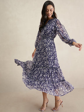 Purple Floral Print Ruflle Detailed Maxi Dress