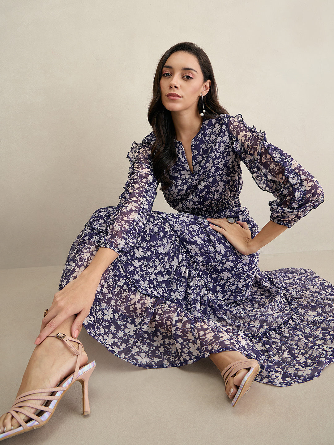 Purple Floral Print Ruflle Detailed Maxi Dress