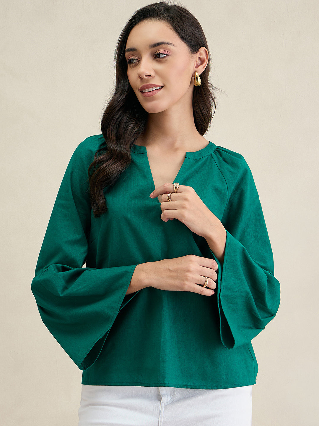 Emerald Green Cotton Bell Sleeves Top