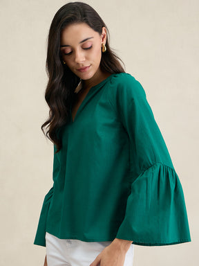 Emerald Green Cotton Bell Sleeves Top