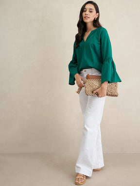 Emerald Green Cotton Bell Sleeves Top