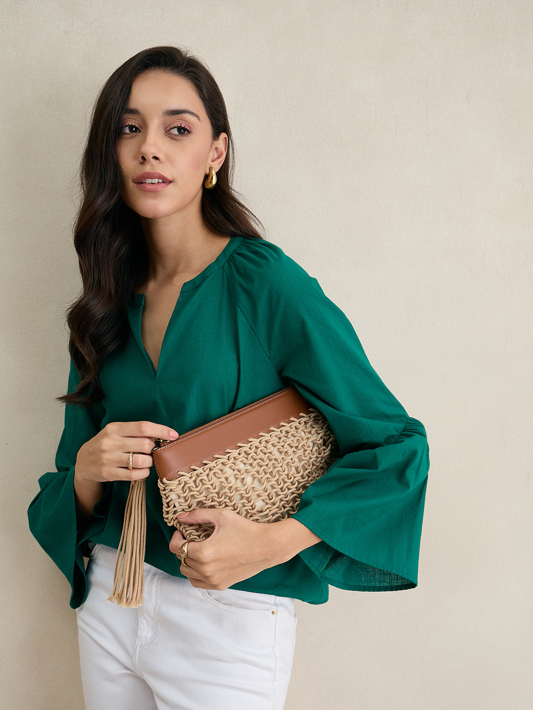 Emerald Green Cotton Bell Sleeves Top