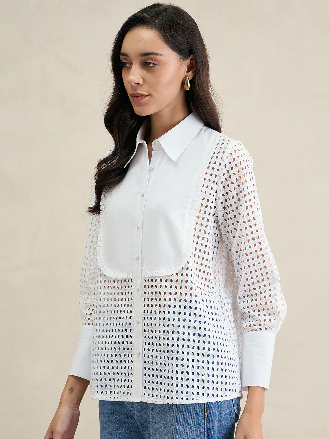 White Schiffli Button Down Shirt