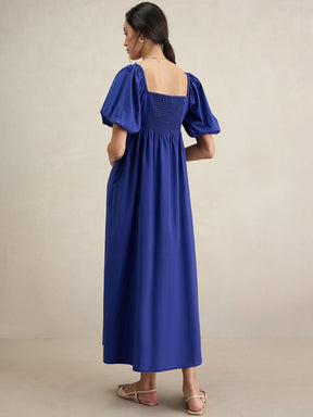 Blue Cotton Puff Sleeves Maxi Dress