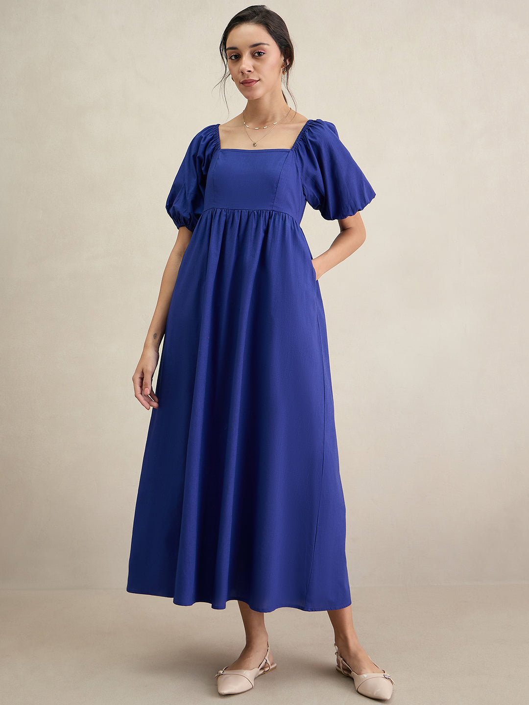 Blue Cotton Puff Sleeves Maxi Dress