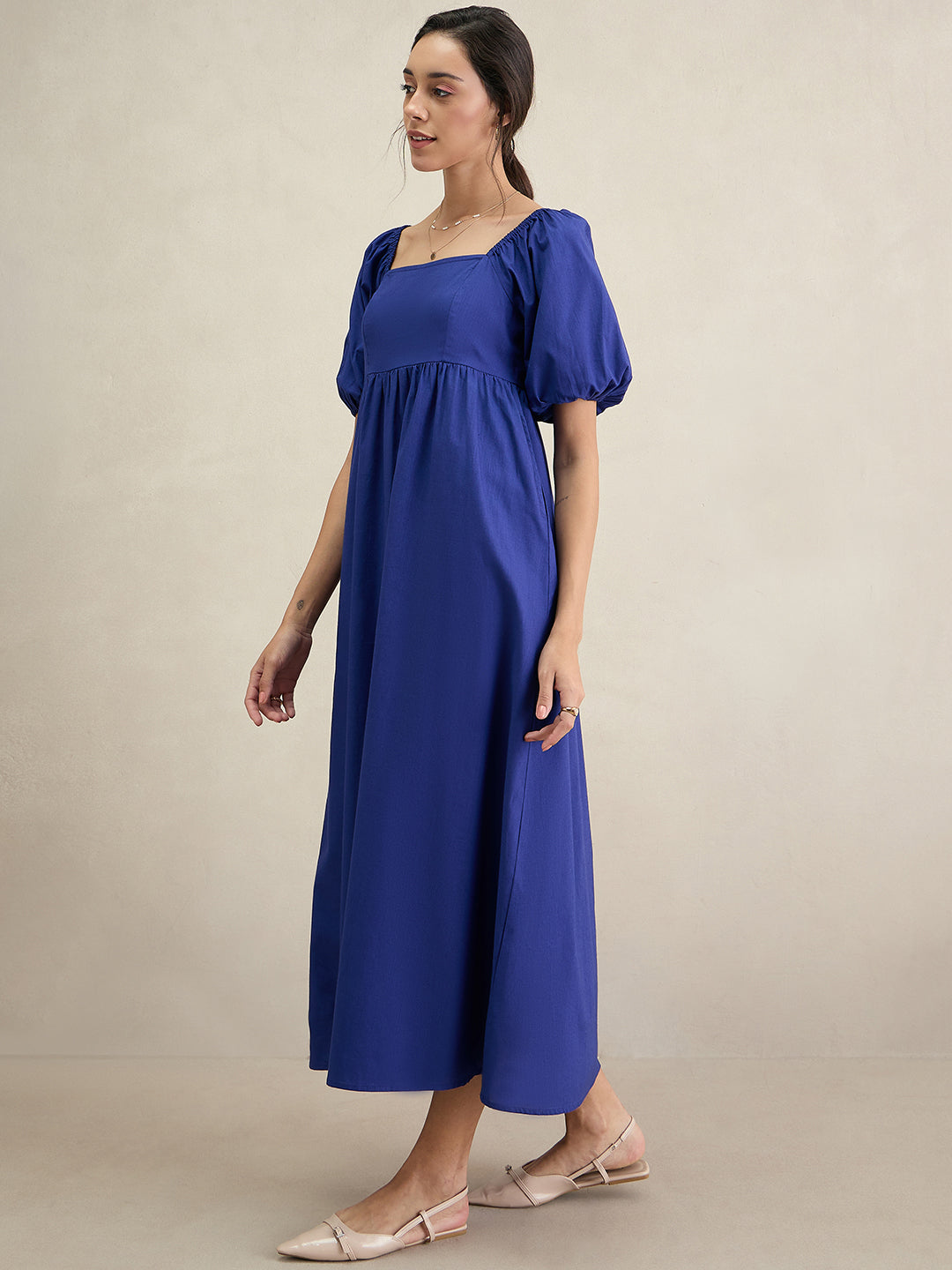 Blue Cotton Puff Sleeves Maxi Dress