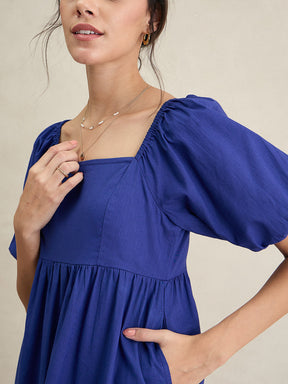 Blue Cotton Puff Sleeves Maxi Dress