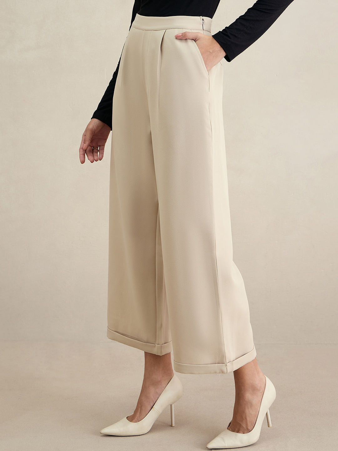 Beige Wide Legged Bottom Fold Up Detail Trousers