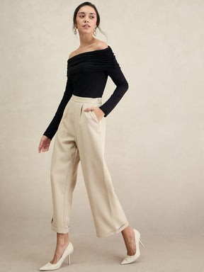 Beige Wide Legged Bottom Fold Up Detail Trousers