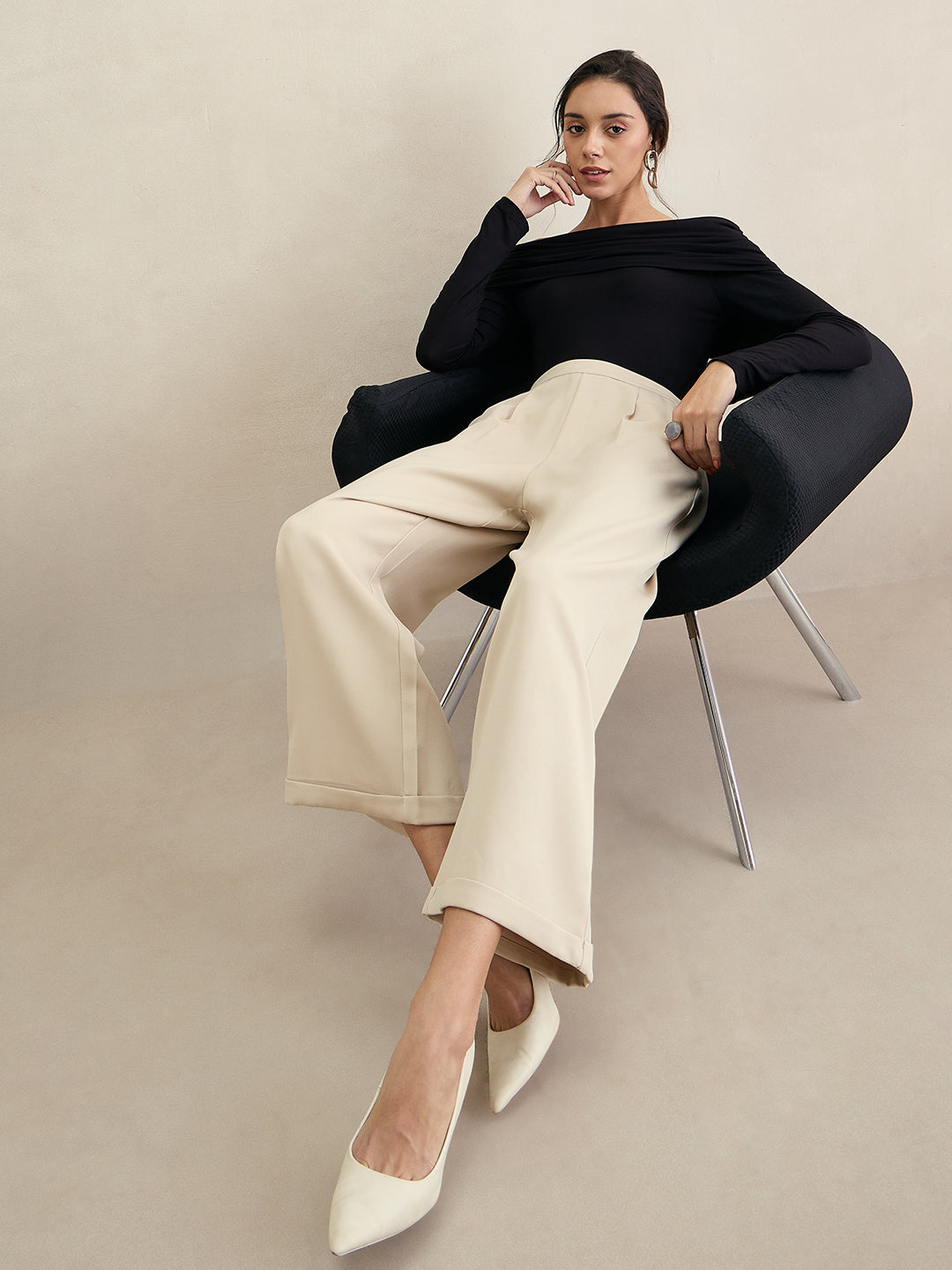 Beige Wide Legged Bottom Fold Up Detail Trousers