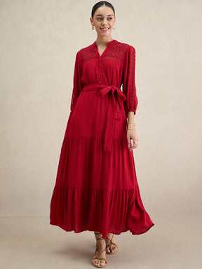 Cranberry Schiffli Tiered Maxi Dress