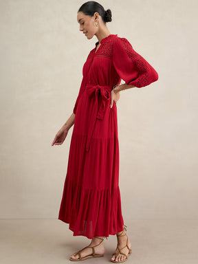 Cranberry Schiffli Tiered Maxi Dress