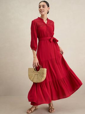 Cranberry Schiffli Tiered Maxi Dress