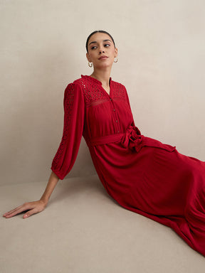 Cranberry Schiffli Tiered Maxi Dress