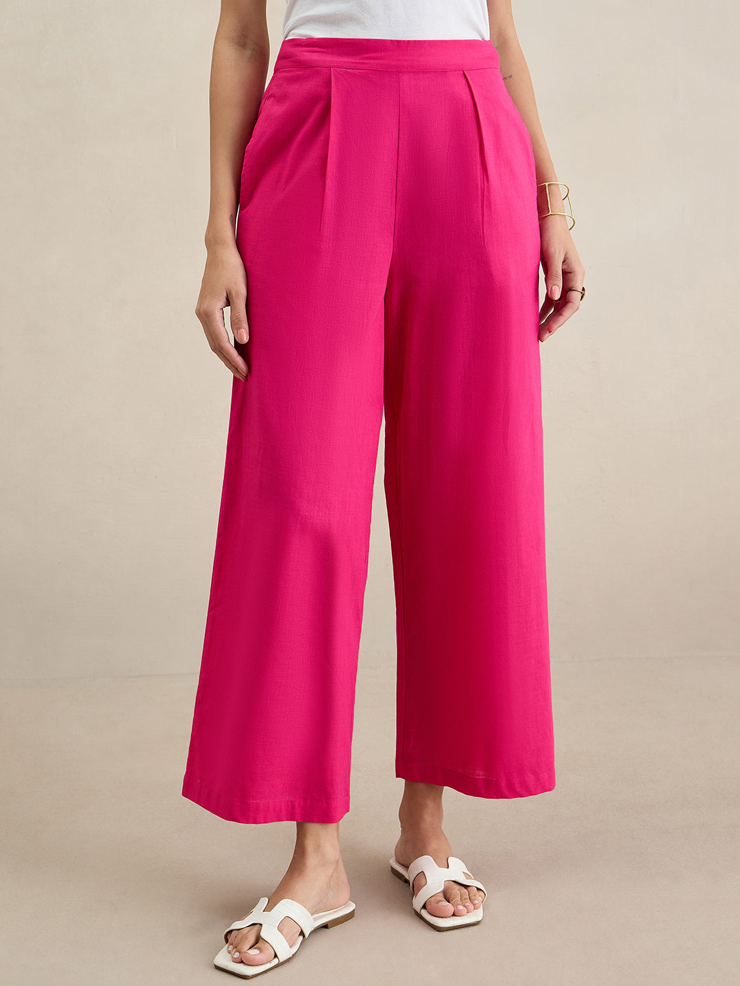 Hot Pink Cotton Staight Fit Pants