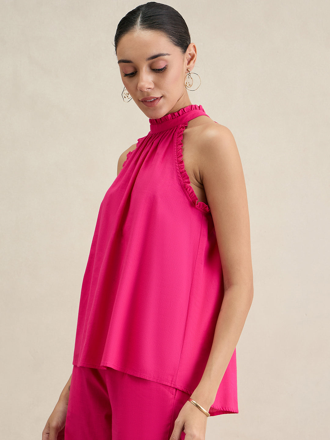 Hot Pink Cotton Halter Neck Top