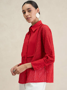 Red Schiffli Button Down Shirt