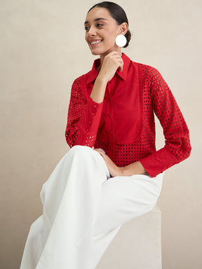 Red Schiffli Button Down Shirt