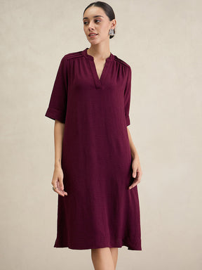 Wine Pleat Detail Midi Dress