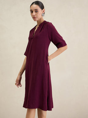 Wine Pleat Detail Midi Dress