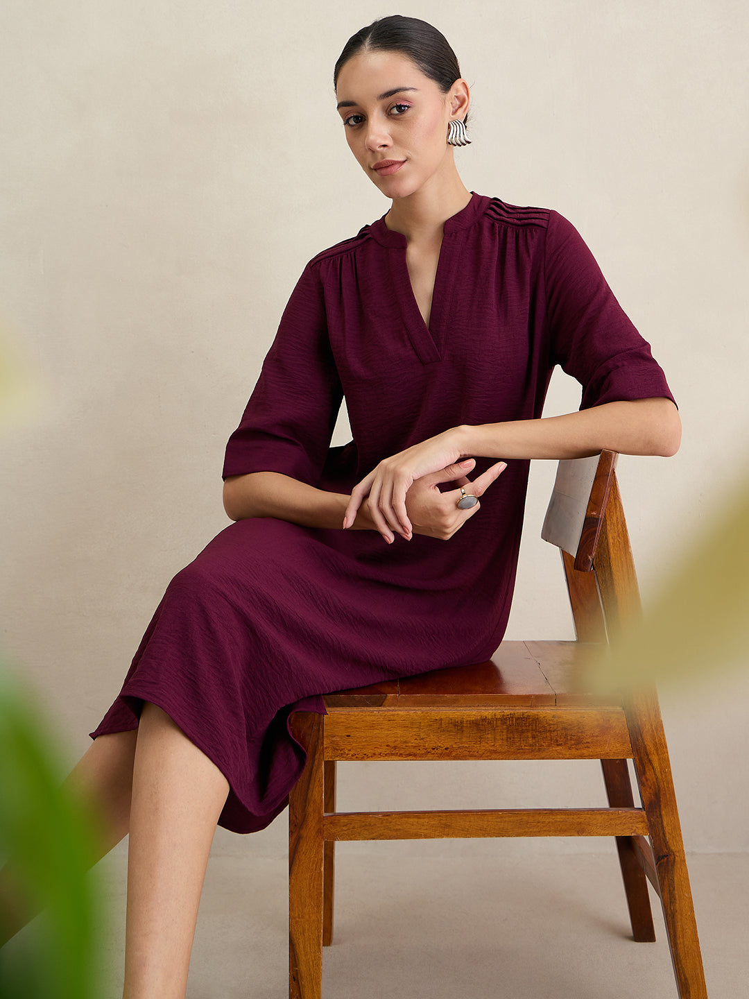 Wine Pleat Detail Midi Dress