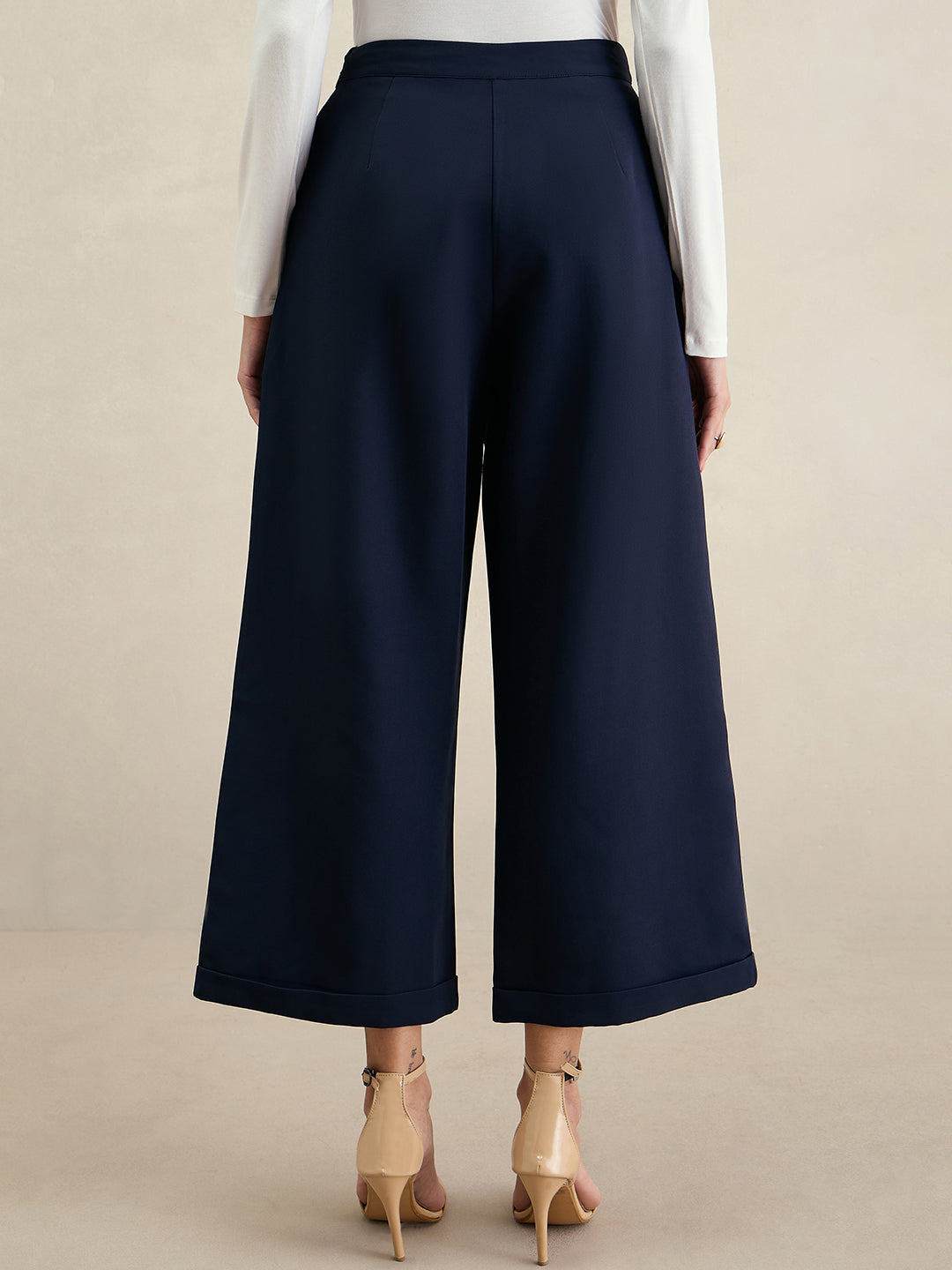 Navy Wide Legged Bottom Fold Up Detail Trousers