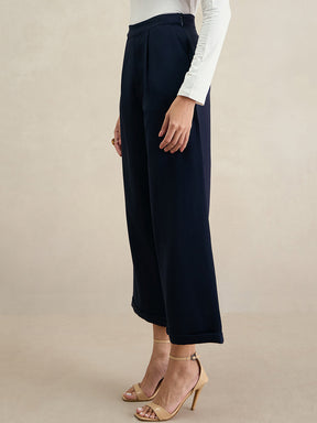 Navy Wide Legged Bottom Fold Up Detail Trousers