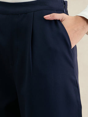 Navy Wide Legged Bottom Fold Up Detail Trousers