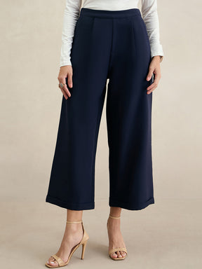 Navy Wide Legged Bottom Fold Up Detail Trousers