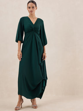 Green Satin Front Twisted Maxi Dress