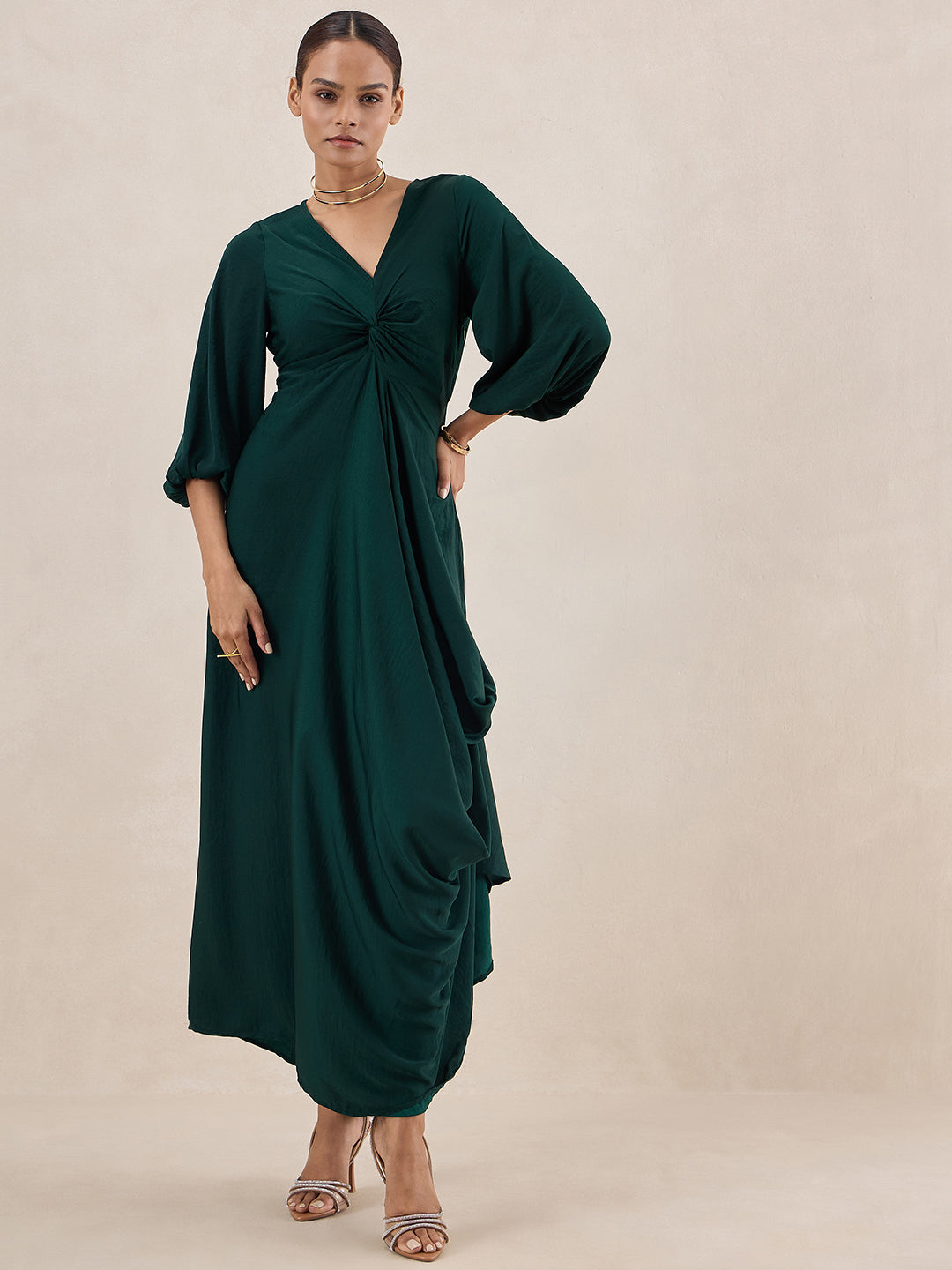 Green Satin Front Twisted Maxi Dress