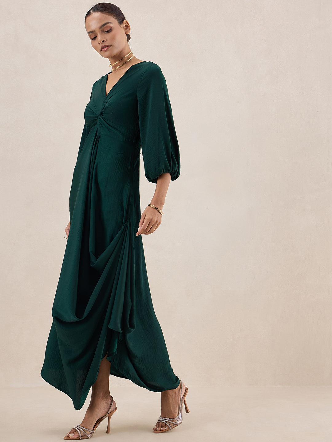 Green Satin Front Twisted Maxi Dress